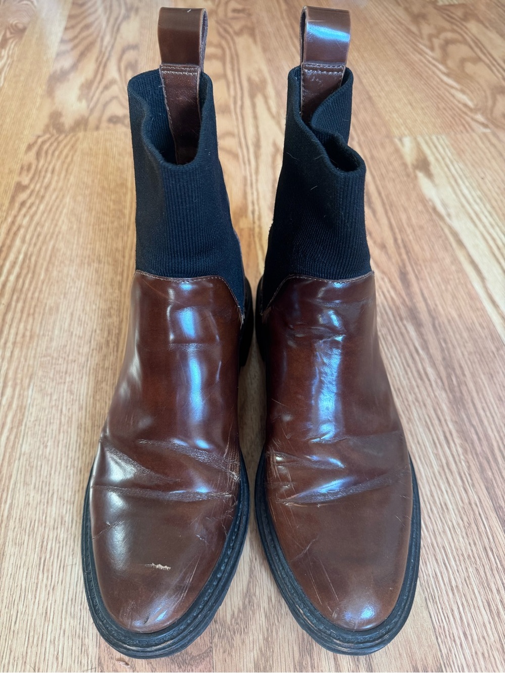 Loeffler Randall Brown Leather Chelsea Boots with Knit Sock Shaft — Size 9.5